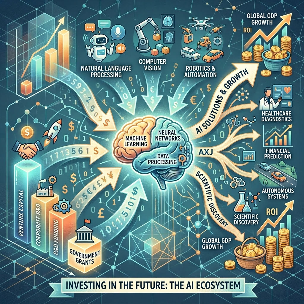 AXJ Diagram of AI ecosystem including machine learning, neural networks, funding sources, AI applications, and economic growth